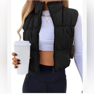 Crop Top Puffer Vest Lightweight Zip Up Jackets Stand Collar  with Pockets